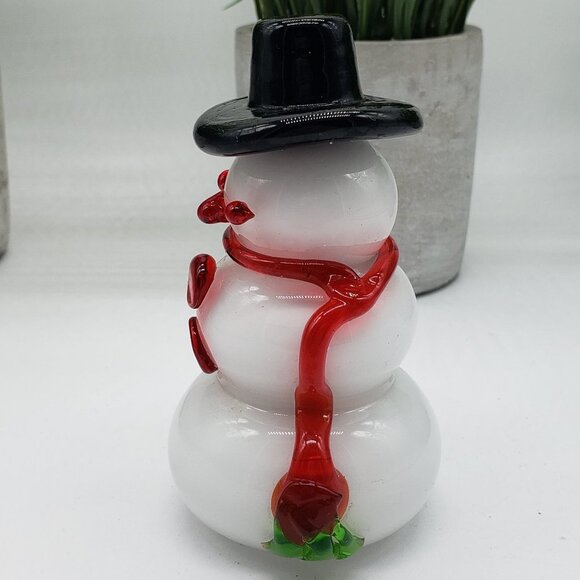 Hand Blown Snowman Red Green Scarf Black Top Hat Milk Glass Paperweight/Figure - Picture 7 of 9
